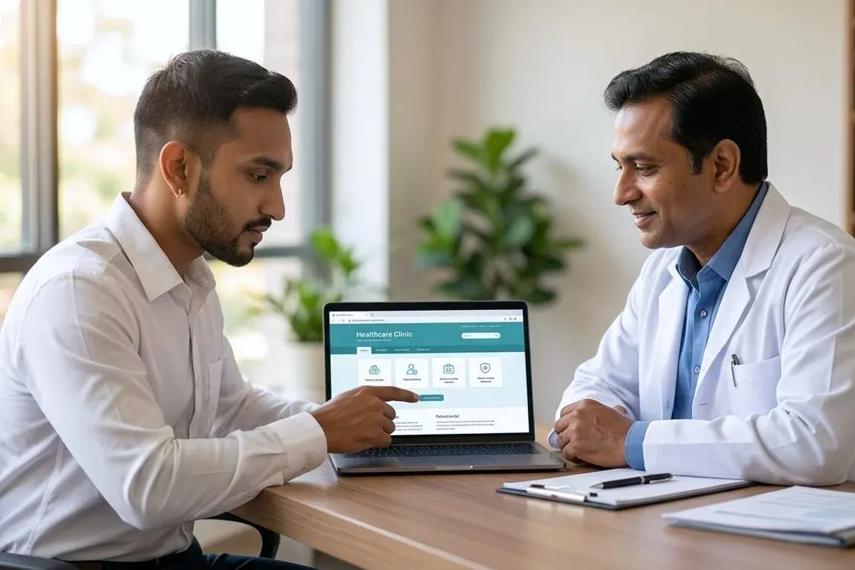 A doctor in a white coat and a web designer sitting together at a desk, looking at a clinic website on a laptop while the designer points at the screen.